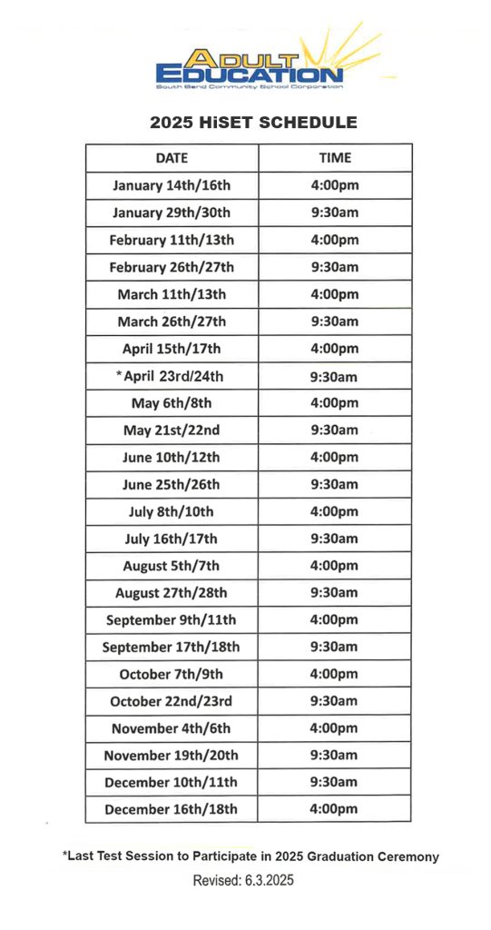 2025 HiSET SCHEDULE